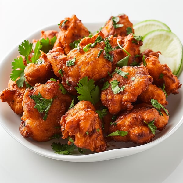 A white bowl filled with golden-brown Indian pakoras, garnished with fresh cilantro and lime slices.