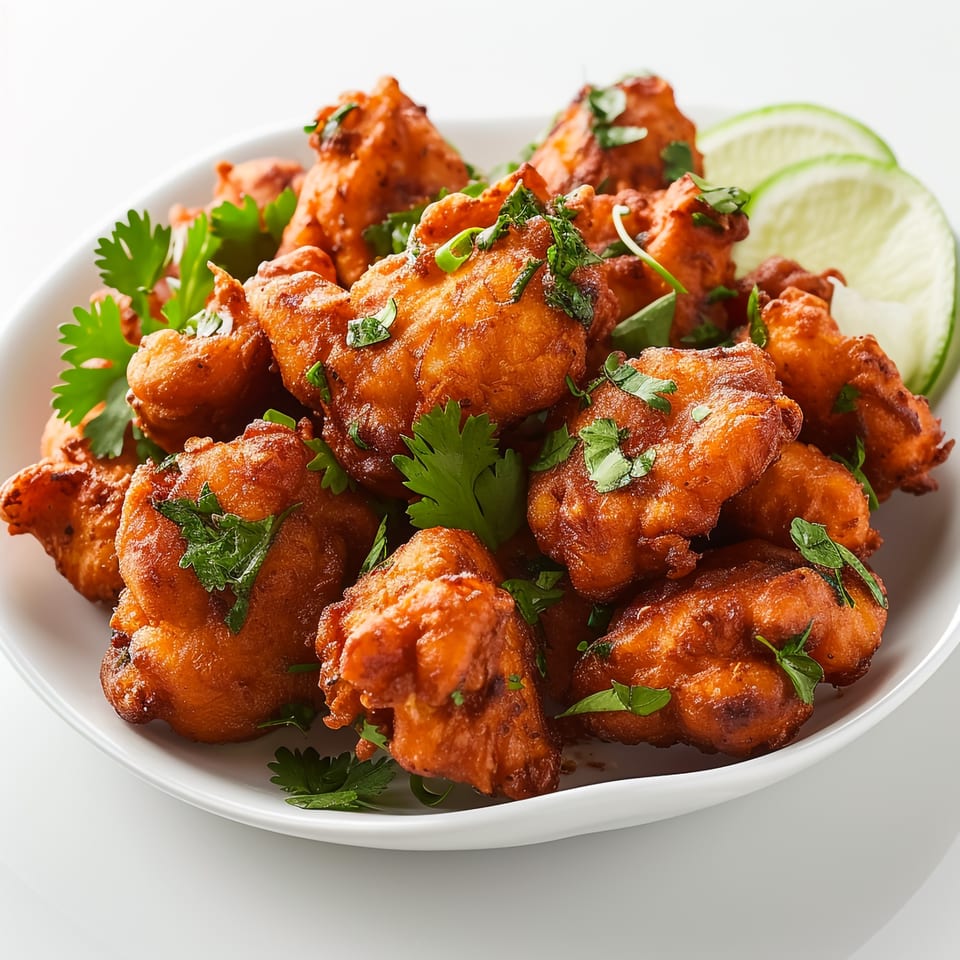 A white bowl filled with golden-brown Indian pakoras, garnished with fresh cilantro and lime slices.