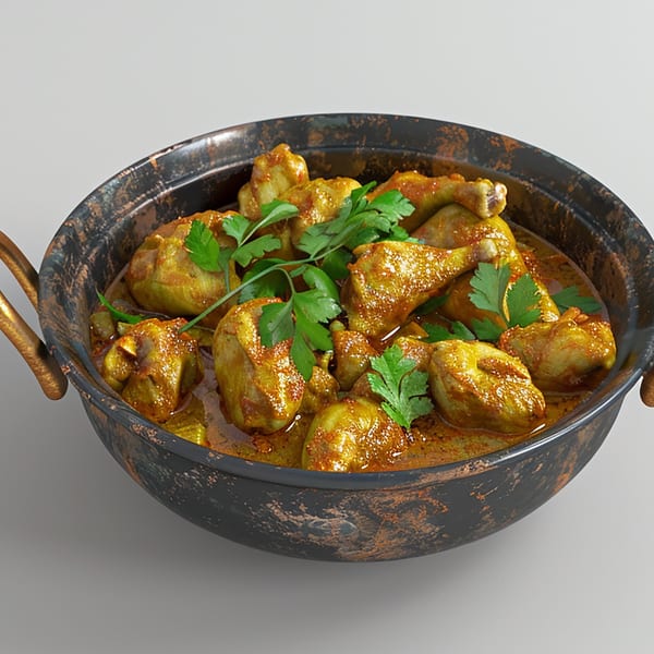 Indian chicken curry with fresh cilantro in a rustic black and bronze serving bowl.