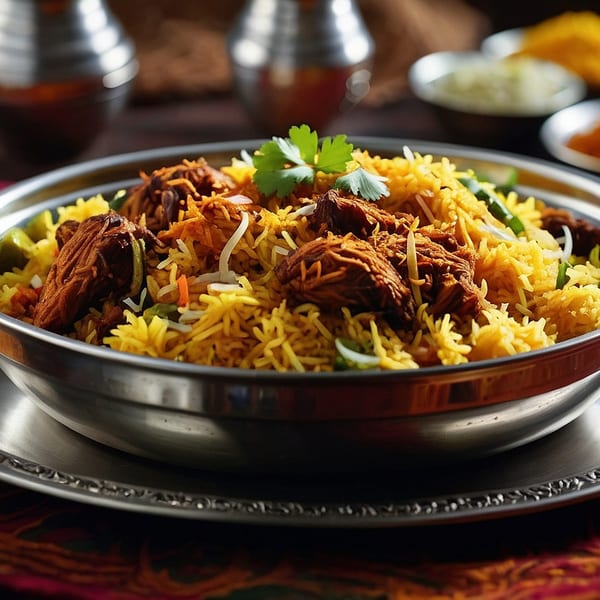 Close-up of New Taj Mahal's Indian biryani with meat, yellow rice, and cilantro in a metal bowl.